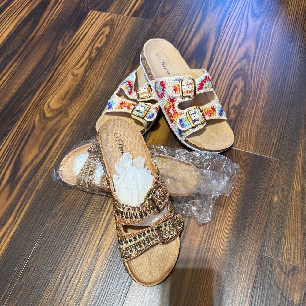 NWOT Forever Brand Double Strap Cork Sole Slides Size 9 (2 Pairs)